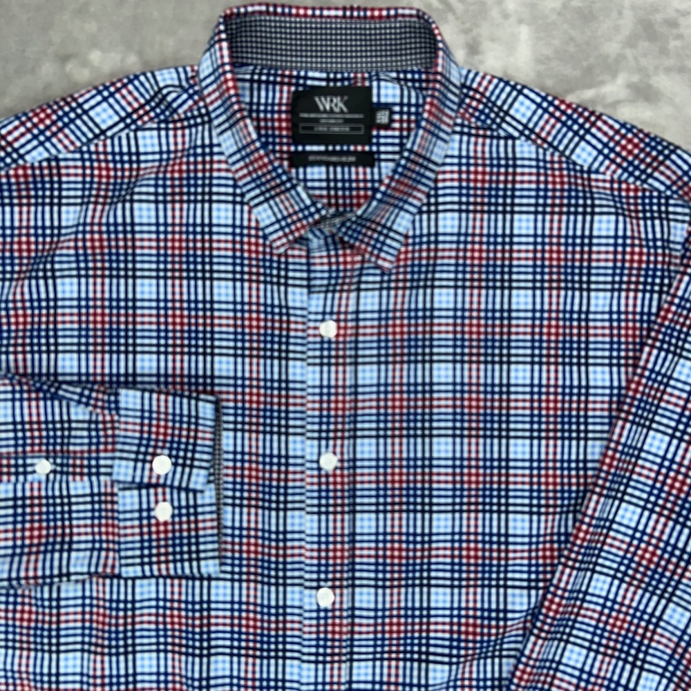 WRK 4Way Stretch Shirt‎ Men's 2XL Blue Plaid Flip Cuff Standard Slim Long Sleeve